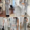 Casual Workout Two Piece Outfits for Women Short Sleeve Crop High Waist Foldover Flare Pants Tracksuit Sets Streetwear