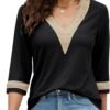 Women's Casual 3/4 Sleeve Shirts Lace V Neck Color Block Dressy Tops Trendy Hollow Floral Blouses T Shirts S-XXL