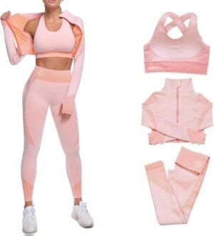 Women's 3 PC Seamless Gym Clothing Workout Outfit with Jacket Bra & Leggings Set