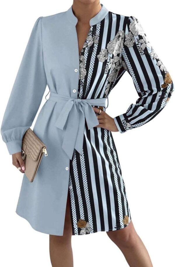 Womens Button Down Shirt Dresses with Belt Button Up Tunics Long Sleeve Blouse Tops