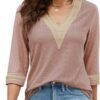 Women's Casual 3/4 Sleeve Shirts Lace V Neck Color Block Dressy Tops Trendy Hollow Floral Blouses T Shirts S-XXL