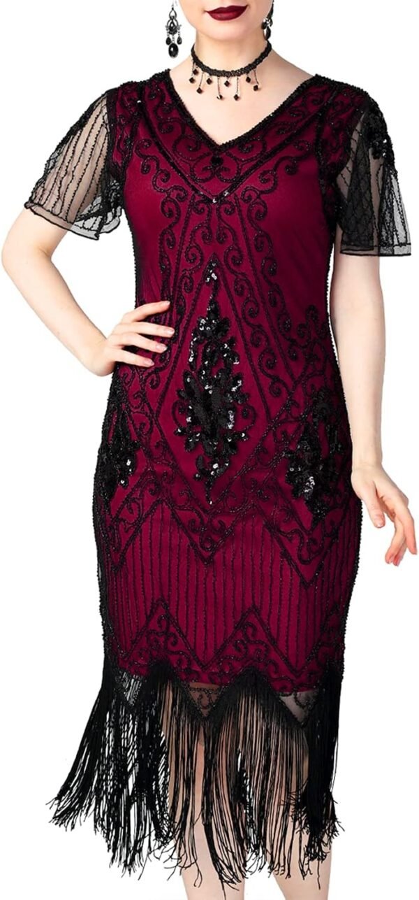 Women's 1920s Dress Sequin Art Deco Flapper Dress with Sleeve