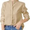 Women's Mandarin Collar Button-Down Shirts Casual Cotton Linen Long Sleeve Blouses