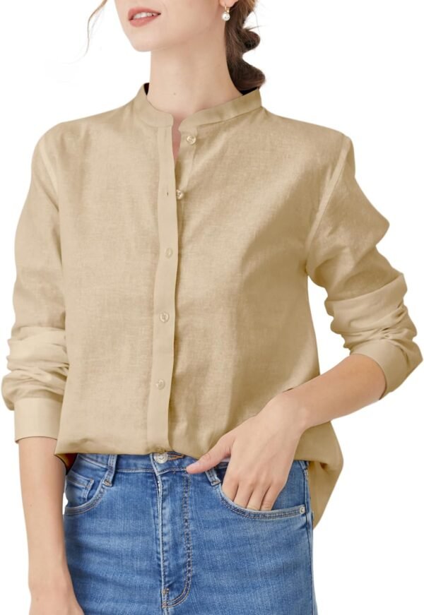 Women's Mandarin Collar Button-Down Shirts Casual Cotton Linen Long Sleeve Blouses