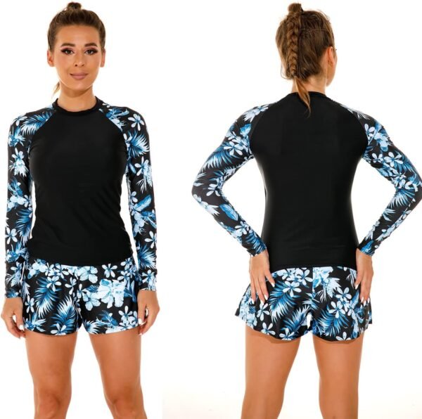Women's Long Sleeves Rash Guard Athletic Swim Aztec Tankini Sets Swimsuit