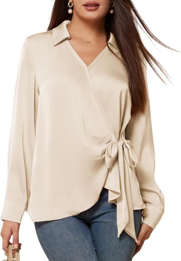 Women's Satin Silk Blouses Wrap V Neck Shirts Long Sleeve Elegant Tie Waist Office Formal Work Tunic Pullover Tops