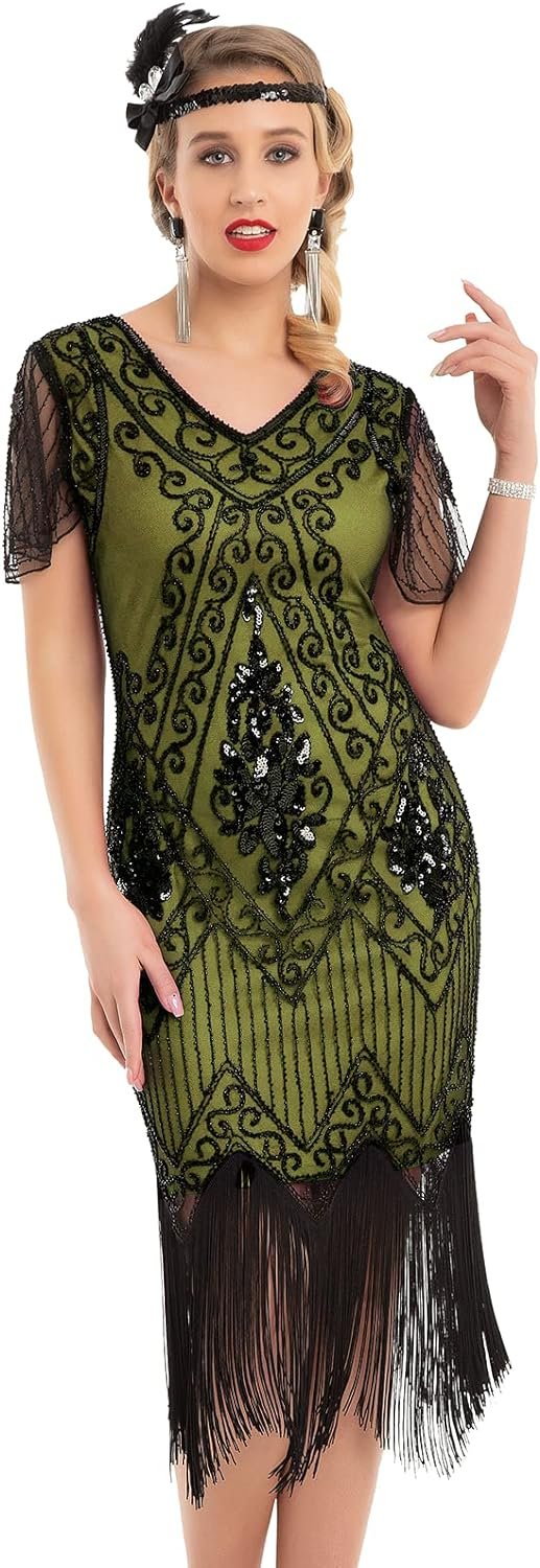 Women's 1920s Dress Sequin Art Deco Flapper Dress with Sleeve