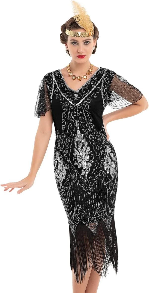 Women's 1920s Dress Sequin Art Deco Flapper Dress with Sleeve