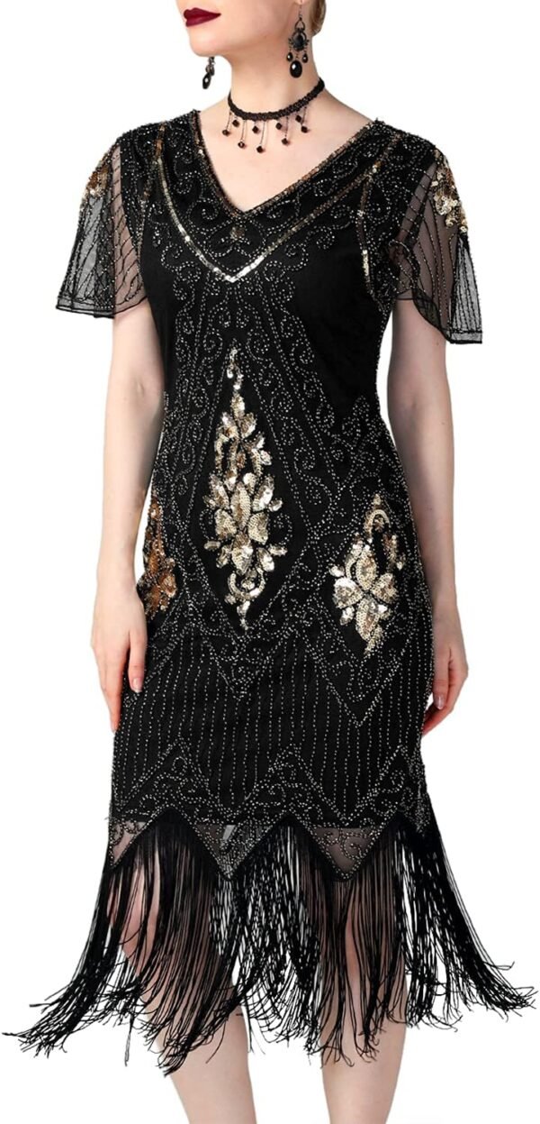 Women's 1920s Dress Sequin Art Deco Flapper Dress with Sleeve