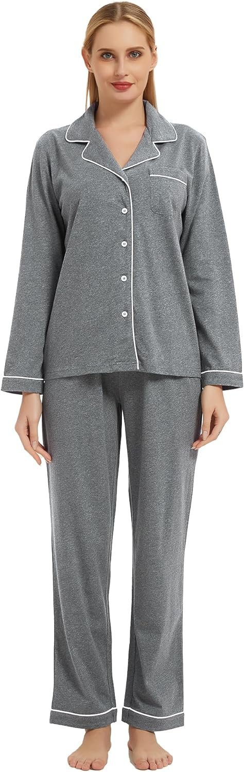 100% Cotton Pajama Set for Women Long Sleeve Womens Sleepwear Button Down NightWear Soft Pj Lounge Sets