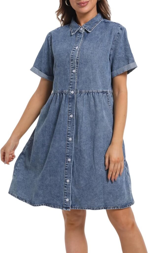 Denim Dress for Women Short Sleeve Button Down Summer Babydoll Casual Jean Dress Tunic Top