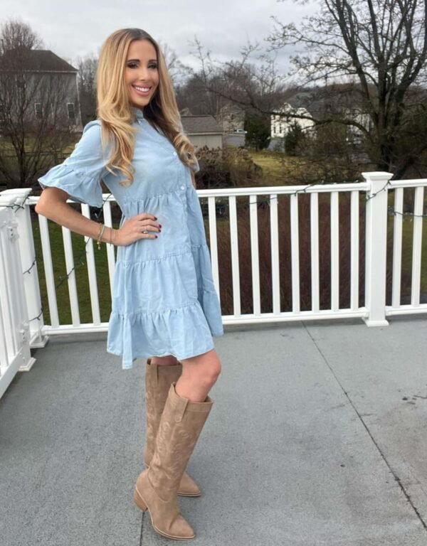 71Usaw3UHJL._AC_SL1500.jpg Women Denim Dresses Casual V Neck Ruffle Short Sleeve Jean Dress Summer Babydoll Dress 2024