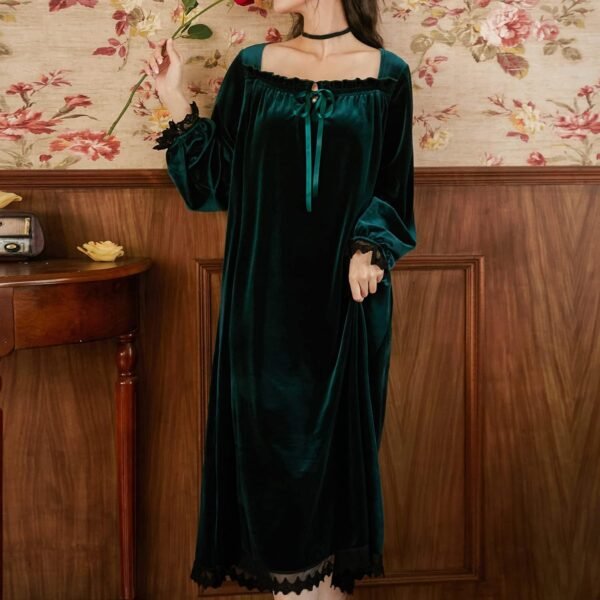 Women's Long Sleeve Nightgown Velvet Sleep Dress Ruffle Crew Neck Mid-length Nightdress