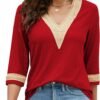 Women's Casual 3/4 Sleeve Shirts Lace V Neck Color Block Dressy Tops Trendy Hollow Floral Blouses T Shirts S-XXL