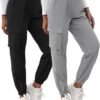 2 Pcs Women's Cargo Pants High Waisted Hiking Joggers Pants with Pockets Elastic Waist Casual Travel Pants