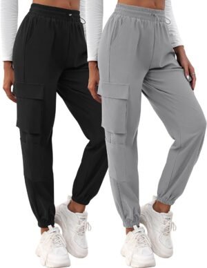2 Pcs Women's Cargo Pants High Waisted Hiking Joggers Pants with Pockets Elastic Waist Casual Travel Pants