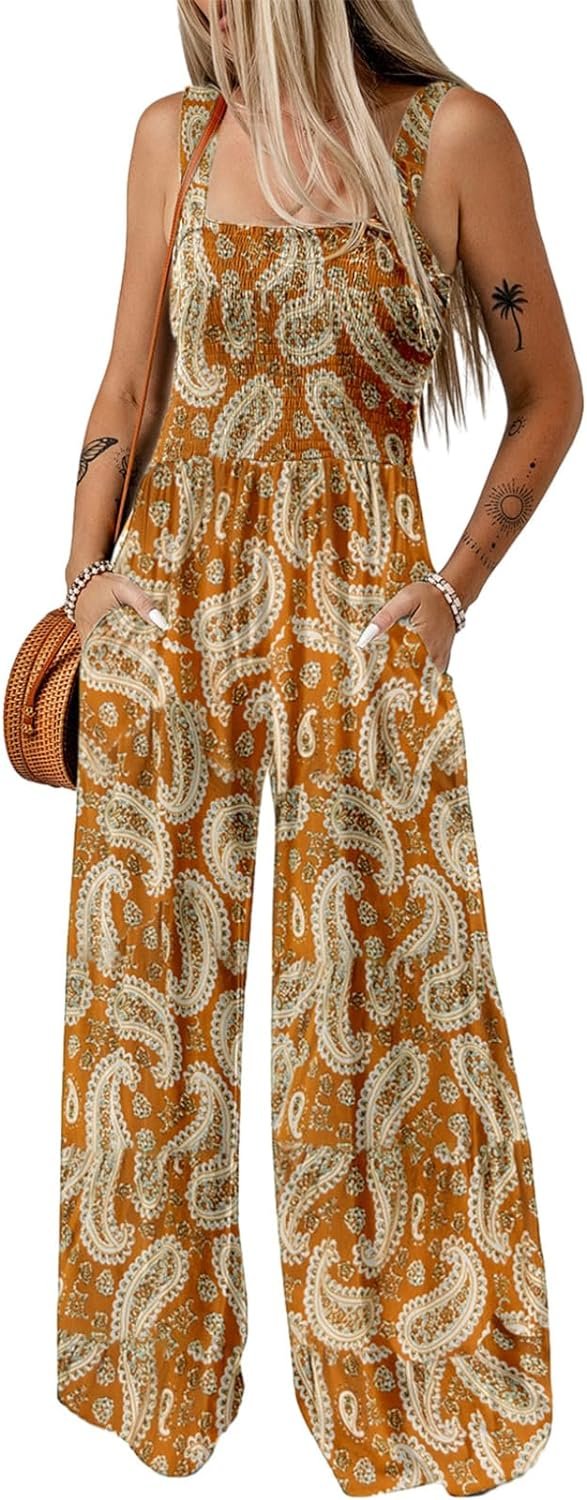 Dokotoo Women's Casual Loose Overalls Jumpsuits One Piece Sleeveless Printed Wide Leg Long Pant Rompers With Pockets