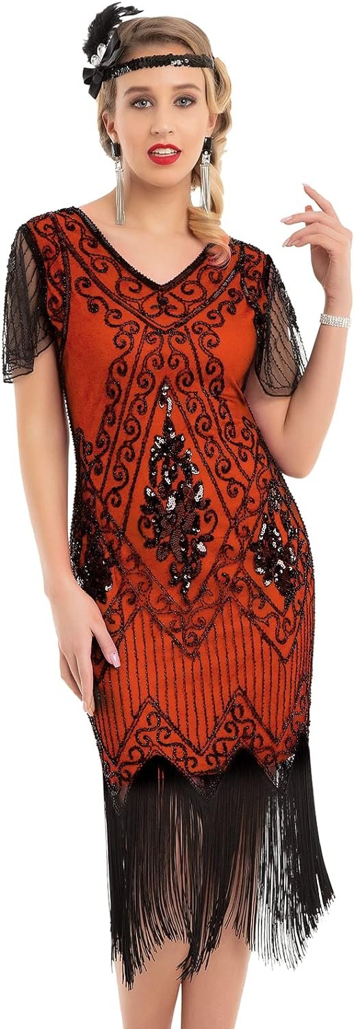 Women's 1920s Dress Sequin Art Deco Flapper Dress with Sleeve