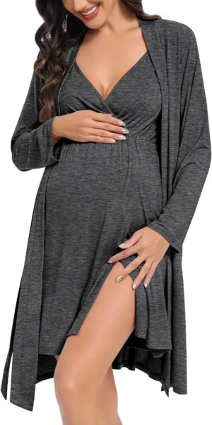 Womens Maternity Set Nursing Nightgown and Robe Set 3 in 1 Labor Delivery Nursing Gown Breastfeeding Robe Set