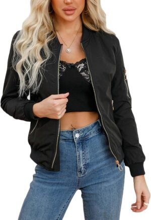 Women's Bomber Jacket Lightweight Varsity Zip Up Coat Casual Long Sleeve Windbreaker
