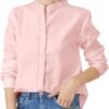 Women's Mandarin Collar Button-Down Shirts Casual Cotton Linen Long Sleeve Blouses