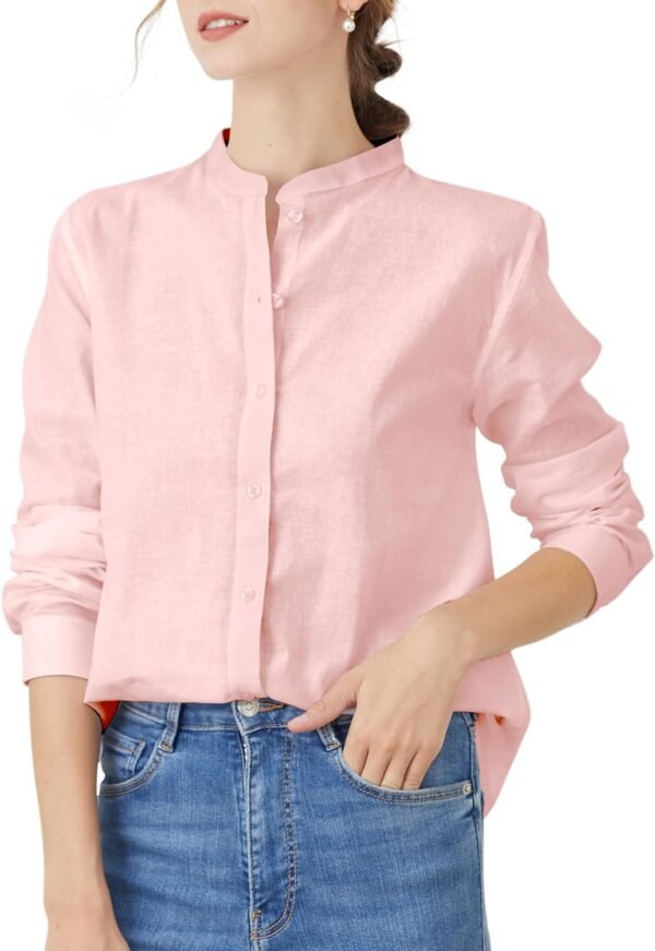 Women's Mandarin Collar Button-Down Shirts Casual Cotton Linen Long Sleeve Blouses