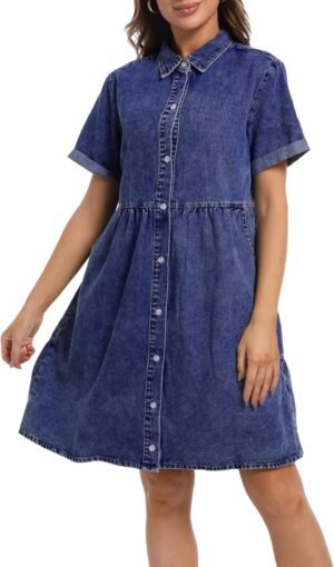 Denim Dress for Women Short Sleeve Button Down Summer Babydoll Casual Jean Dress Tunic Top