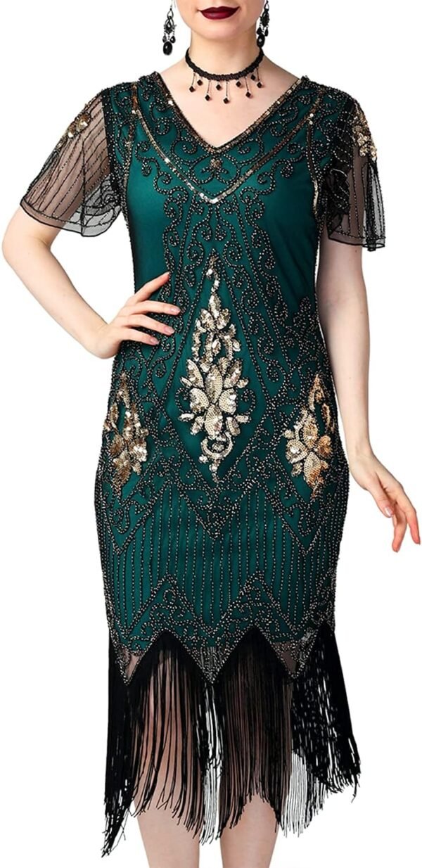 Women's 1920s Dress Sequin Art Deco Flapper Dress with Sleeve