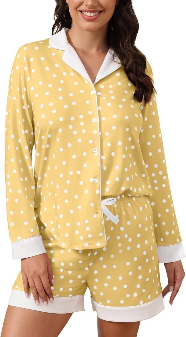 Button Down Pajamas Sets Women Two-Piece Satin Silk Pjs Sets Loungewear Long Sleeve Sleepwear Shorts Nightwear Sets