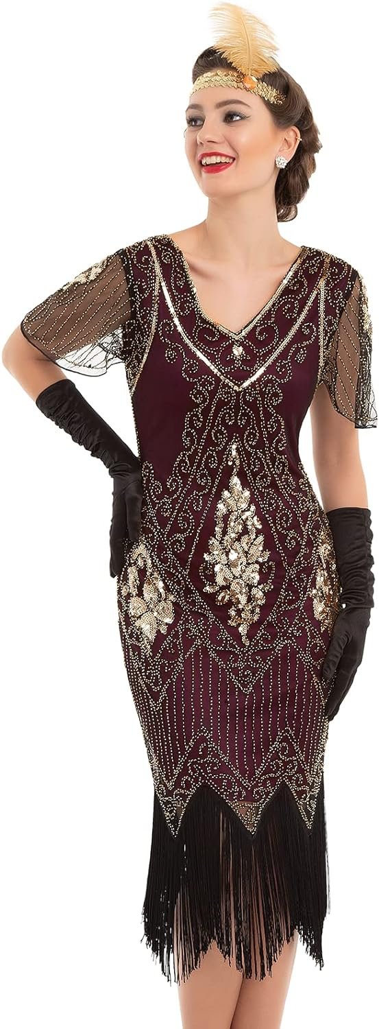Women's 1920s Dress Sequin Art Deco Flapper Dress with Sleeve