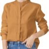 Women's Mandarin Collar Button-Down Shirts Casual Cotton Linen Long Sleeve Blouses