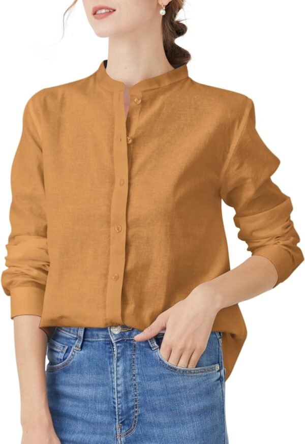 Women's Mandarin Collar Button-Down Shirts Casual Cotton Linen Long Sleeve Blouses