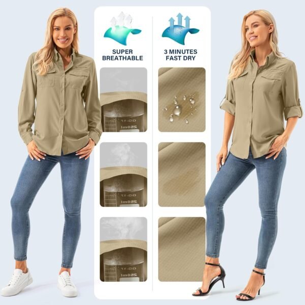Womens UPF 50+ UV Sun Protection Safari Shirts Long Sleeve Outdoor Cool Quick Dry Fishing Hiking Gardening Shirts