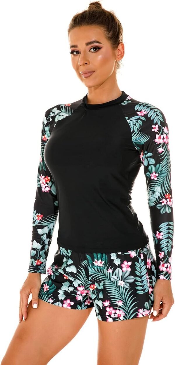 Women 2 Piece Rash Guard Long Sleeve Swimsuits Swim Shirt with Shorts Set Sun Protection UPF 50+ Surf Bathing Suits