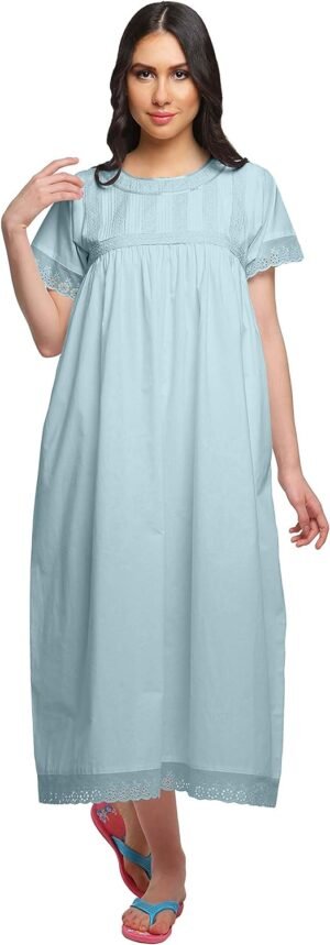 Lace Neckline Cotton Sleepwear For Ladies Womens Round Neck Nightdress