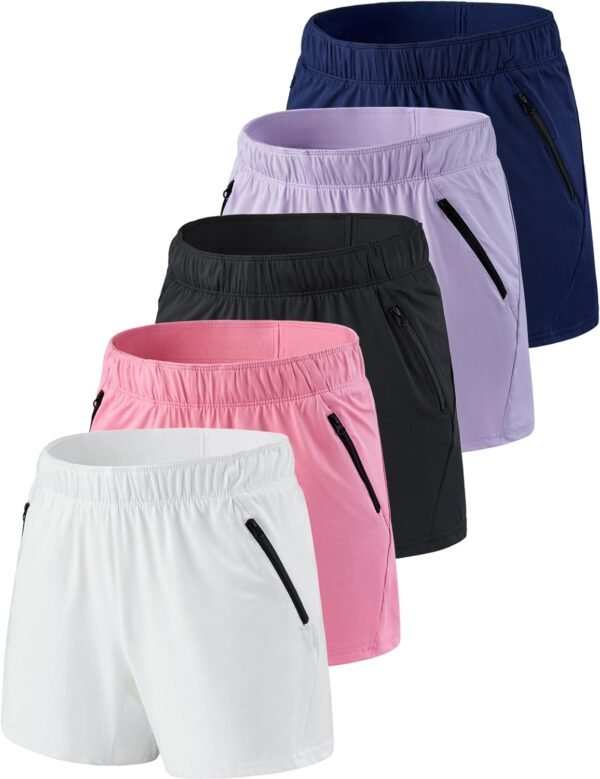 71kigDMhWeL._AC_SL1500.jpg 5 Pack: Womens Workout Gym Shorts Casual Lounge Set, Ladies Active Athletic Apparel with Zipper Pockets