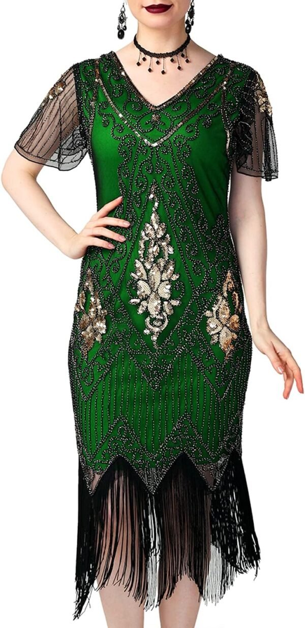 Women's 1920s Dress Sequin Art Deco Flapper Dress with Sleeve
