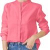 Women's Mandarin Collar Button-Down Shirts Casual Cotton Linen Long Sleeve Blouses