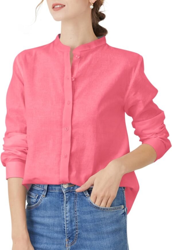 Women's Mandarin Collar Button-Down Shirts Casual Cotton Linen Long Sleeve Blouses