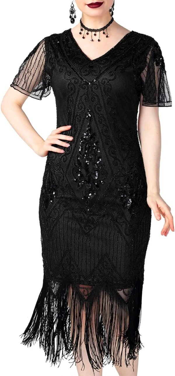 Women's 1920s Dress Sequin Art Deco Flapper Dress with Sleeve
