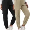 2 Pcs Women's Cargo Pants High Waisted Hiking Joggers Pants with Pockets Elastic Waist Casual Travel Pants