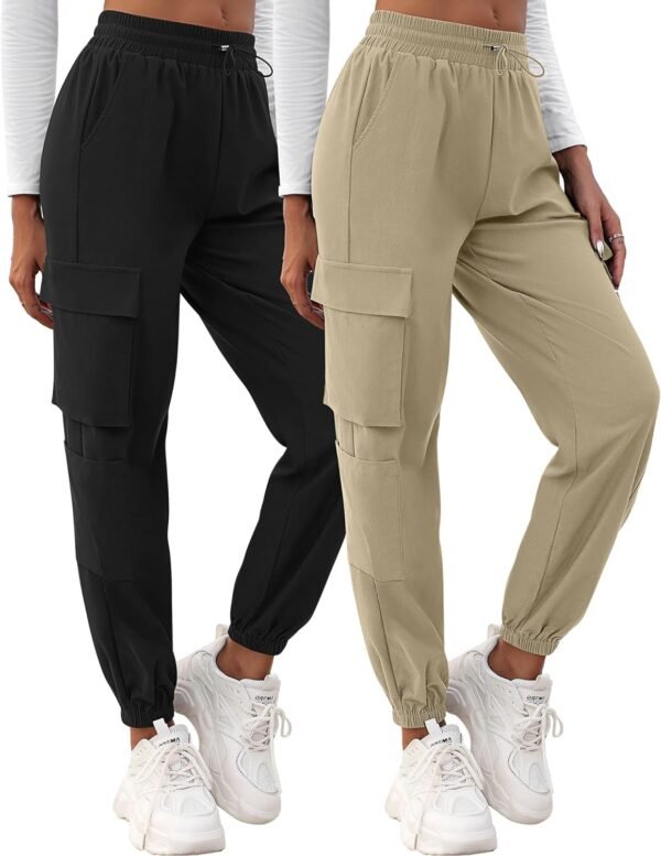 2 Pcs Women's Cargo Pants High Waisted Hiking Joggers Pants with Pockets Elastic Waist Casual Travel Pants