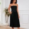 Women Off Shoulder Midi Dress Strapless Sleeveless Drop-Waist A Line Tube Dress Trendy Summer Swing Patchwork Dress