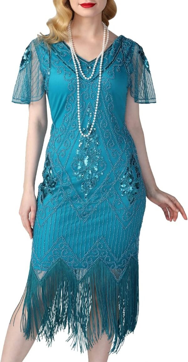 Women's 1920s Dress Sequin Art Deco Flapper Dress with Sleeve