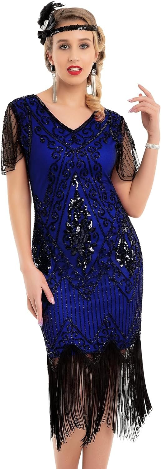 Women's 1920s Dress Sequin Art Deco Flapper Dress with Sleeve