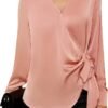 Women's Satin Silk Blouses Wrap V Neck Shirts Long Sleeve Elegant Tie Waist Office Formal Work Tunic Pullover Tops