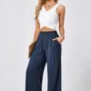 JASAMBAC Women's Capri Linen Wide Leg Pants Summer Boho Wide Leg Pants Smocked High-Rise Waist Casual Beach Pants with Pocket