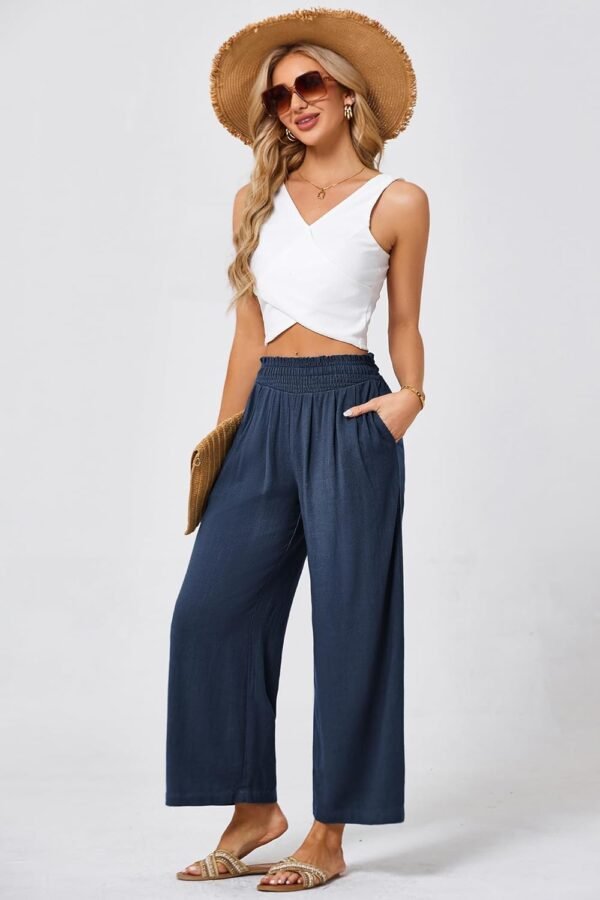 JASAMBAC Women's Capri Linen Wide Leg Pants Summer Boho Wide Leg Pants Smocked High-Rise Waist Casual Beach Pants with Pocket