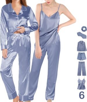 6Pcs Womens Silk Satin Pajama Sets Pj Sets Long Pjs Set Pajamas Sleepwear Camisole Sexy Cami