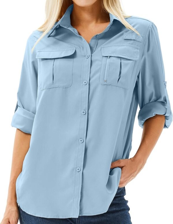 Women's UPF 50+ Long Sleeve UV Sun Protection Safari Shirt, Quick Dry SPF Hiking Fishing Breathable Shirts